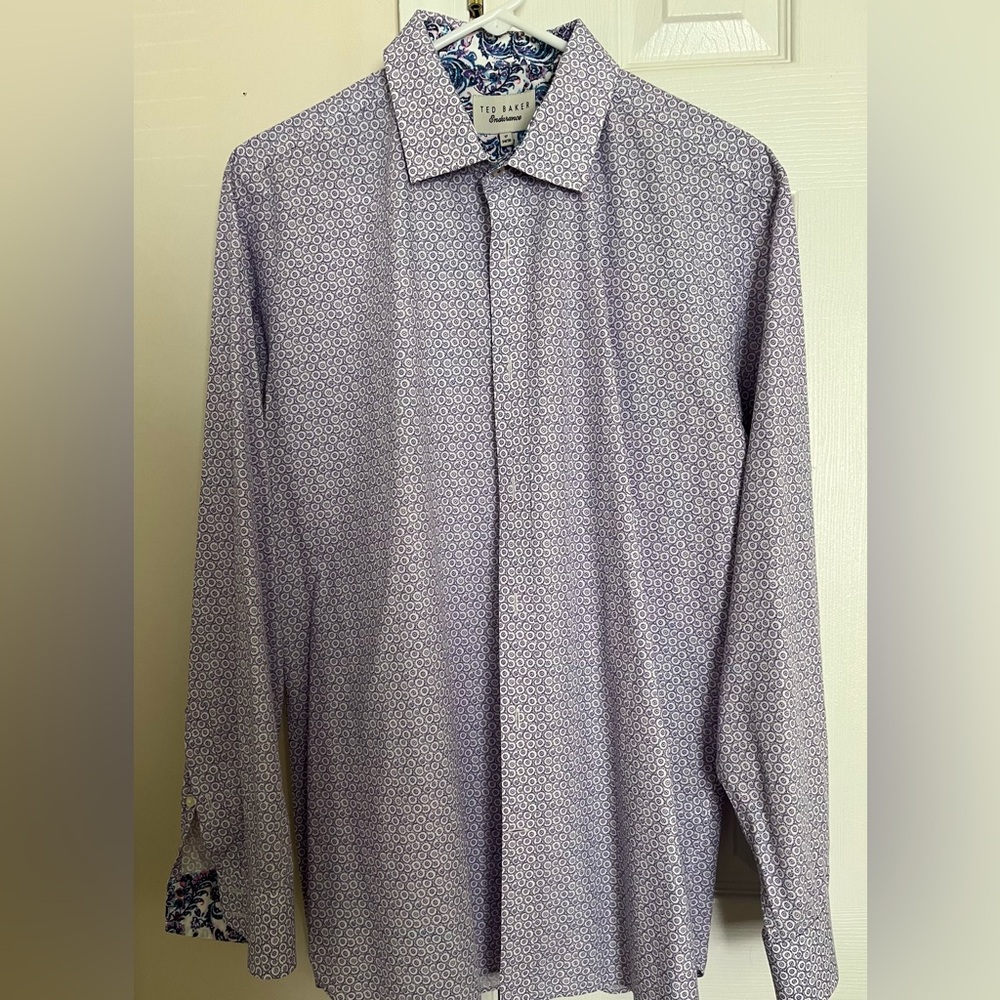 Ted Baker lavender and white long sleeve button shirt. Size 17 (34/35) EUC